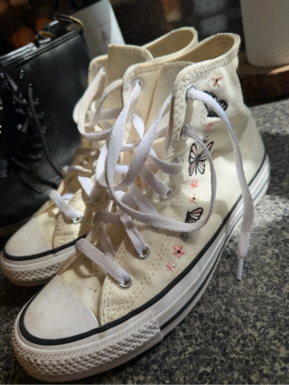 Converse Cream High-Top Sneakers with Pink & Black Butterfly Embroidery